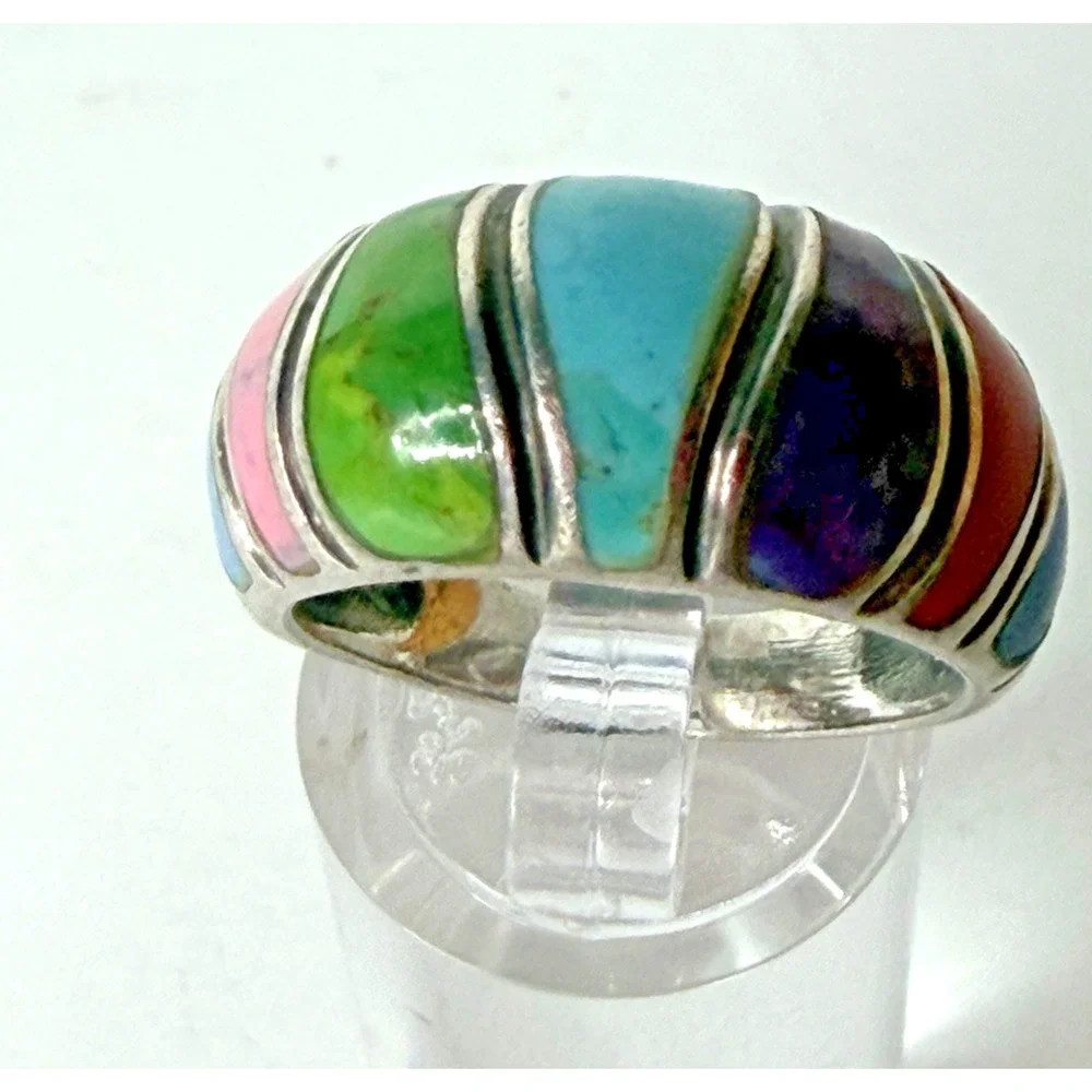 Vintage SE 925 Thailand Sterling Silver Multicolor Inlay Statement Ring 7.5